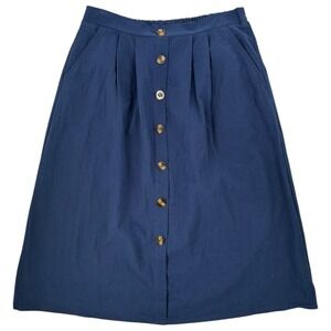 HALARA Blue Button‎ Front Midi Skirt Womens L Elastic Waist Pockets Cotton NWT